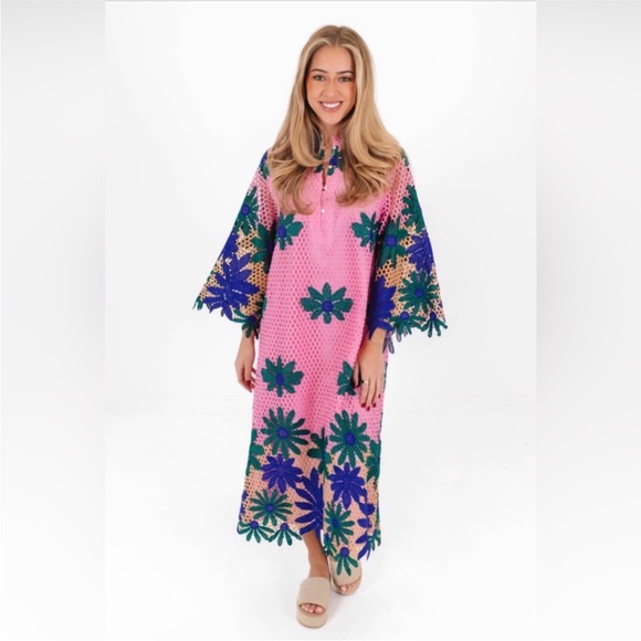 J. Marie Emery Lace Midi Kaftan Dress Pink Navy Green Embroidered Floral NWT - Picture 1 of 16
